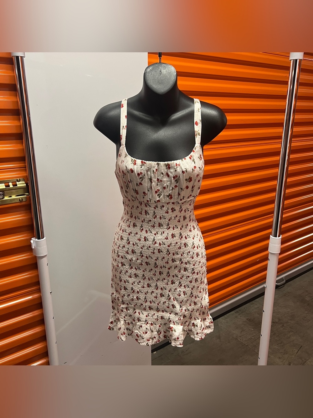 White Abercrombie & Fitch Smocked Dress with Cherry Print Allover